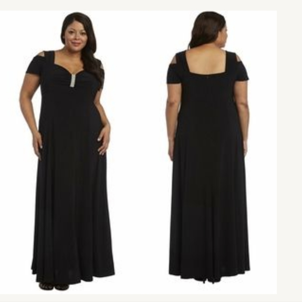 New! R&M RICHARDS Cold-Shoulder Gown Black Dress Plus Size Rhinestone Trim